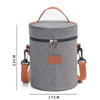 保温饭盒上班族带盖便当包大容量保温袋加热发热带饭手提包便当袋 圆形灰色亚麻款