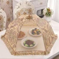 超大饭菜罩子微孔透气可折叠餐桌罩剩菜食物罩盖菜防尘罩遮菜盖伞 金色风情(80*cm)双骨+挂钩