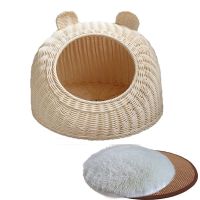 藤编猫窝猫屋狗狗窝冬季保暖四季可拆洗别墅网红款猫咪用品宠物窝 米白色+凉席垫(送毛垫) 大号(适合20斤内宠物)