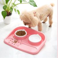 宠物猫咪碗双碗蝶可爱猫碗架子防滑泰迪狗狗碗食盆防溅防漏猫双碗 防溅双碗(粉底白碗) 长45 宽35 碗口直径14.5CM