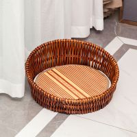 猫窝夏天藤编狗窝小型犬窝四季通用猫窝可拆洗猫床网红猫猫咪用品 红棕色窝+垫子+凉席 大号适合15斤左右的