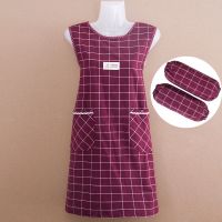 时尚大码围裙女厨房家用罩衣成人加肥加大坎肩马甲围腰干活工作服 加肥-方格坎肩枣红+套袖