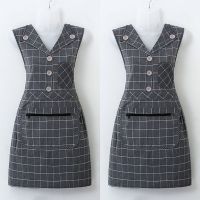 翻领围裙女纯棉带袖套坎肩厨房家用批发工作洋气防水放油上班罩衣 大格翻领坎肩[灰色+灰色]