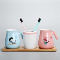可爱卡通洗漱杯陶瓷漱口杯情侣杯刷牙杯结婚新房牙杯小口杯 蓝色粉色小口对杯+牙刷筒+竹盘三