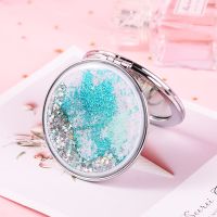 创意流沙折叠化妆镜网红迷你小镜子可爱少女心双面镜随身便携小号 紫底绿沙鱼尾喵