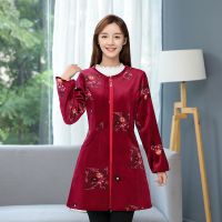 罩衣成人天羽绒服中长款拉链厨房工作服 水晶绒(花开富贵加绒) XXL(130斤以内)