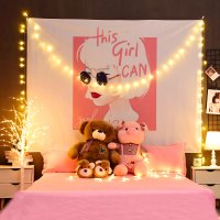 背景布ins风仙人掌挂布卧室宿舍布置出租屋改造挂毯床头装饰墙布 粉色女孩 2米x1.5米 送6米灯