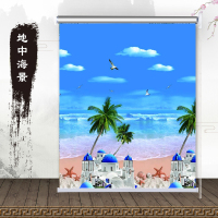 卷帘卫生间防水厨房遮阳防晒卷拉式免打孔升降手拉家用全遮光窗帘 地中海景