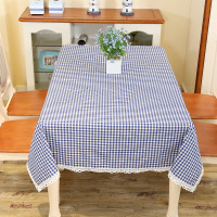 幼儿园桌布定制小清新棉麻小方格茶几圆桌方桌餐桌布酒店餐厅花边 新蓝小方格 花边 140*250cm