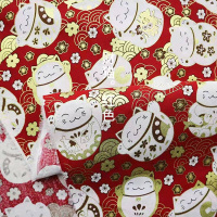 招财猫布料烫金和风棉布秋田犬纯棉服装面料和服汉服浴袍手工布头 财猫。红半米价