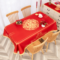 新婚新人礼物婚房布置大红色桌布防水棉麻餐厅餐桌盖布婚庆餐布 花藤双喜 140*230CM(防溅水)