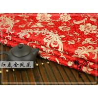 织锦缎提花布料 古装汉服和服唐装丝绸缎旗袍服装面料 凤尾牡丹花 红底金凤尾 半米价
