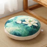 亚麻蒲团坐垫加厚圆形布艺阳台日式榻榻米飘窗瑜伽地板大号打坐垫 绿叶荷花 绒布 直径70cm厚度15cm 可拆洗