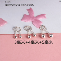 光面圆球990纯银耳钉足银防丢不掉 养耳洞耳针耳棒弯钩小耳钉男女 3MM+4MM+5MM 3对价