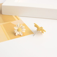 韩式不对称小雏菊S925银针少女心小清新撞色花朵耳环耳夹耳饰女 黄色有耳洞耳钉。一对[银针]