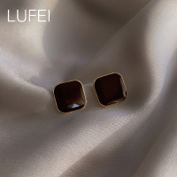 莫兰迪色方形法式高级感通勤耳环气质女2021年新款潮耳钉银针耳饰 棕红色方形耳钉-925银针
