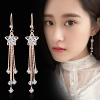 日韩国气质长款S925银针流苏五角星耳坠水晶星星耳饰个性百搭耳环 五角星五条线流苏金色 C5028
