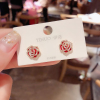韩国高级感红玫瑰花朵耳钉2021新款潮气质简约百搭水钻银针耳环女 金边水钻红玫瑰耳钉