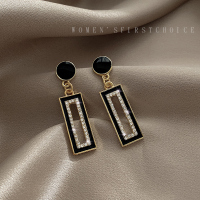 S925银针高级感耳饰女2020年新款潮长款耳钉复古港风简约气质耳环 黑边镶钻方形耳钉-925银针