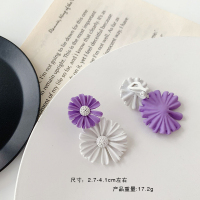 紫色小雏菊耳环 玫瑰花朵银针耳钉镂空蝴蝶耳夹坠简约C形圆圈耳饰 紫白雏菊 无耳洞耳夹