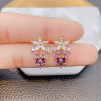 渐变紫色枫叶水滴五瓣花耳环微镶满钻耳饰S925纯银针耳钉时髦女王 渐变紫枫叶