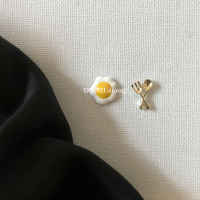 多喜商店 秋冬不对称金属耳钉耳饰ins可爱少女刀叉荷包蛋S925银针 荷包蛋叉子银耳针 一对