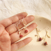 美女与野兽野玫瑰925银针耳坠耳钉无耳洞耳夹学生夹式耳环 小野玫瑰 925银耳钩(金色叶子)