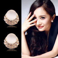 日韩迷你气质s925纯银针猫眼石镶钻耳钉可爱简约百搭耳环人气耳饰 迷你猫眼 米白色