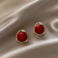 新年红色珍珠耳环女小众设计简约925银针耳钉高级感网红气质耳饰 红珠镀金镶钻耳钉-925银针