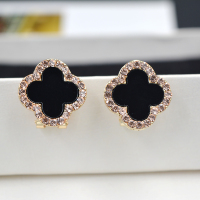 日韩s925纯银针四叶草耳环明星同款气质百搭人气迷你简约黑色耳钉 1.5CM香槟钻耳扣