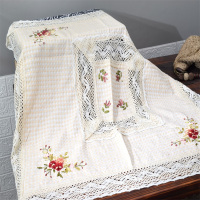外贸原单桌布床头柜茶壶盖布棉麻丝带绣方巾田园微波炉搭巾 米白色3号立体花 145*145cm