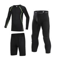 儿童护具篮球护膝裤打球运动训练骑行护腿防撞紧身裤七分紧身衣 绿线长袖+防撞裤+短裤 24/2XS码（130-135cm/