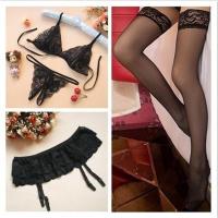 吊带蕾丝袜情趣内衣套装诱惑吊带长筒黑免脱过膝性感学生超薄开裆 黑 丝袜+吊带开裆+文胸内裤 80-140斤