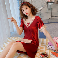 睡裙女夏季短袖薄款冰丝情趣睡衣韩版清新丝绸大码蕾丝性感家居服 短袖丝蕾丝花边704酒红色 160(M)