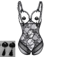 情趣睡衣冬女性感诱惑开裆免脱私房情调内衣火辣大码胖MM透明蕾丝 黑色+乳贴 160(M) 80-110斤