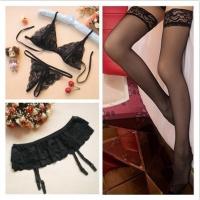 情趣内衣套装过膝超薄性感丝袜女吊带长筒黑丝网袜蕾丝吊袜带欧美 黑色长筒丝袜+吊带+文胸内裤 均码(80-140斤)