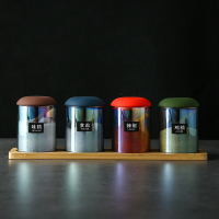 北欧家用玻璃调味罐调料盒套装组合装佐料糖罐盐罐辣椒收纳密封罐 炫彩直身调味罐竹托(红绿篮棕)