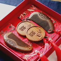 镜梳套装梳子女陪嫁妆金丝檀刻字婚庆木梳一对礼物结婚梳对梳 花好月圆(两梳两镜)礼盒装
