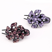 发夹后脑勺三齿鸭嘴夹水钻大号妈妈优雅盘头发夹子头饰百搭女顶夹 紫红色六瓣花+紫罗兰六瓣花 2个装