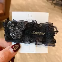 韩版复古黑色蕾丝发卡ins网红发夹带钻简约个性鸭嘴夹侧边刘海夹 小熊英文