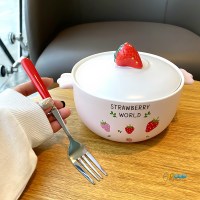 可爱陶瓷泡面碗带盖日式学生宿舍用创意少女心家用方便面双耳汤碗 SP2030草莓面碗四颗草莓+ 红叉子送筷