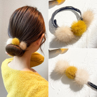 秋冬毛球盘发神器女懒人蓬松花苞丸子头造型器半扎发发夹韩国头饰 黄色