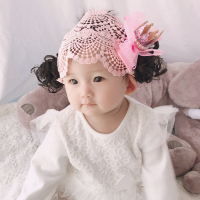 韩版婴儿发带头饰花女宝宝假发头饰儿童公主刘海卷发辫子周岁拍照 浅粉红色 抖音款8-24个月