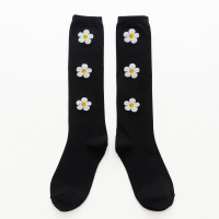 秋天彩色袜子女中筒袜ins潮花朵小腿袜瘦腿日系长筒袜街头半截袜 黑色小白花 均码
