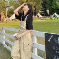 高中生工装闺蜜背带裤女ins学生韩版宽松夏秋新款休闲连体阔腿裤 奶油杏单件背带裤 没有上衣 秋季 可穿 S 建议80-9