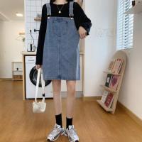 春秋复古背带牛仔连衣裙女夏季2020新款大码胖mm小个子宽松短裙子 浅蓝色 S码(85-100斤)