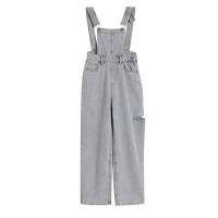 背带牛仔裤女宽松复古春季2021新款高腰直筒阔腿裤休闲裤子长裤潮 牛仔背带裤 S