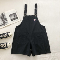 卡通刺绣背带裤女2020早春新款韩版减龄宽松休闲百搭吊带阔腿短裤 黑色 均码