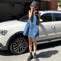 连衣裙女2021新款夏季韩版法式复古裙子短款小个子无袖牛仔背带裙 蓝色 S