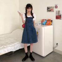 夏季新款学院风小个子牛仔背带裙中长款过膝日系可爱连衣裙女学生 深蓝色 S